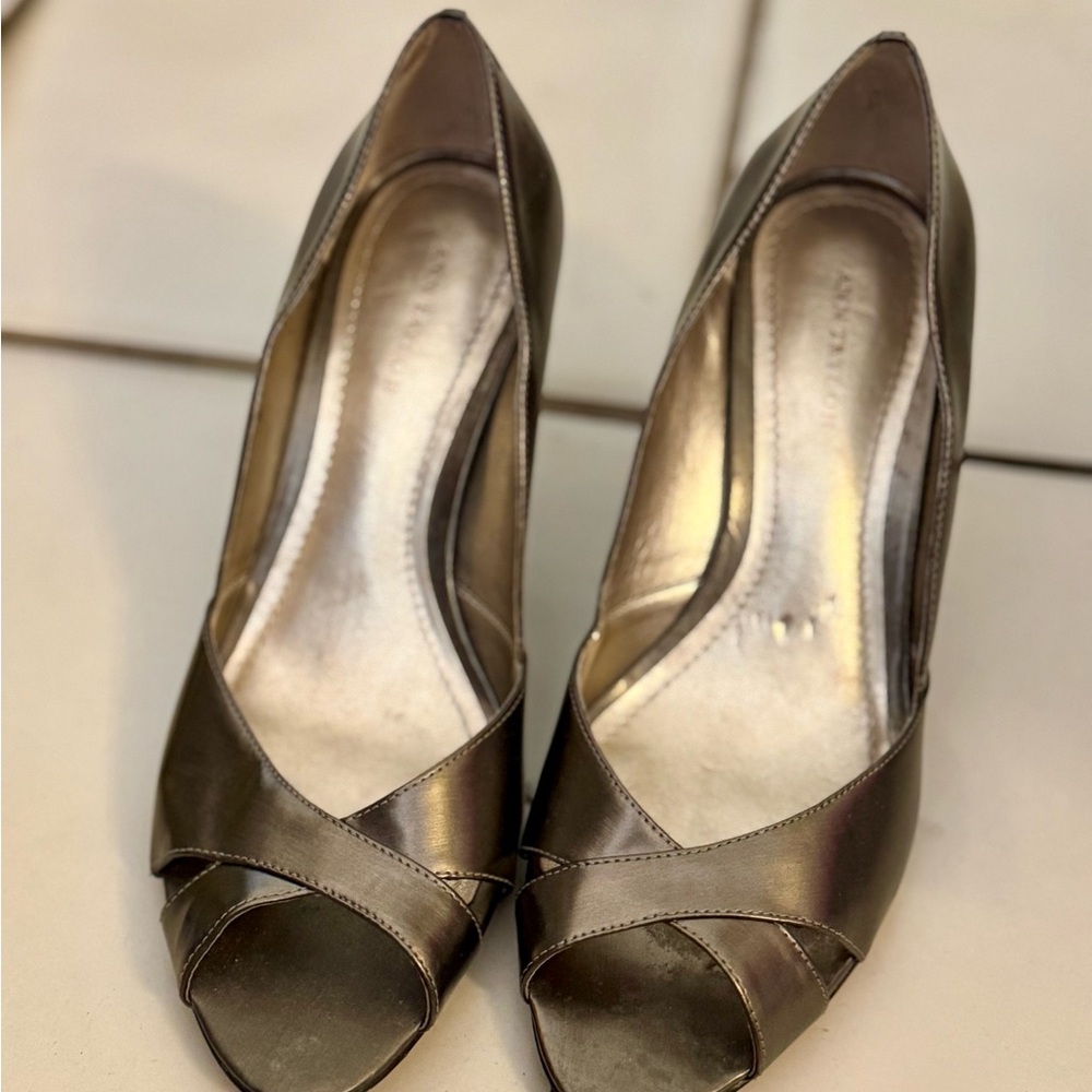 Ann Taylor Metallic Pewter Open-Toe Heels